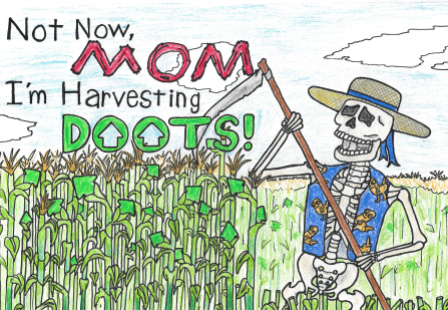 Skeleton with a scythe in a field cutting upvote plants