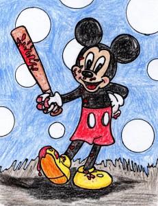 Mickey Mouse with a bloody baseball bat